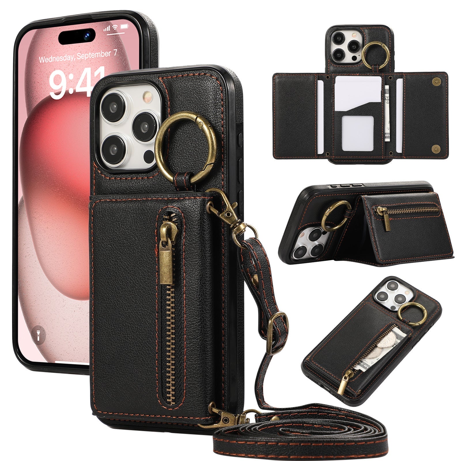 HKM-999891 Iphone 16 Crossbody Tri-fold Mobile Phone Case with Card Holder and Zipper Closure