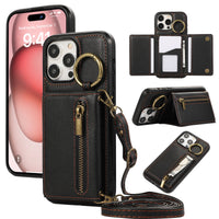 HKM-999891 Iphone 16 Crossbody Tri-fold Mobile Phone Case with Card Holder and Zipper Closure