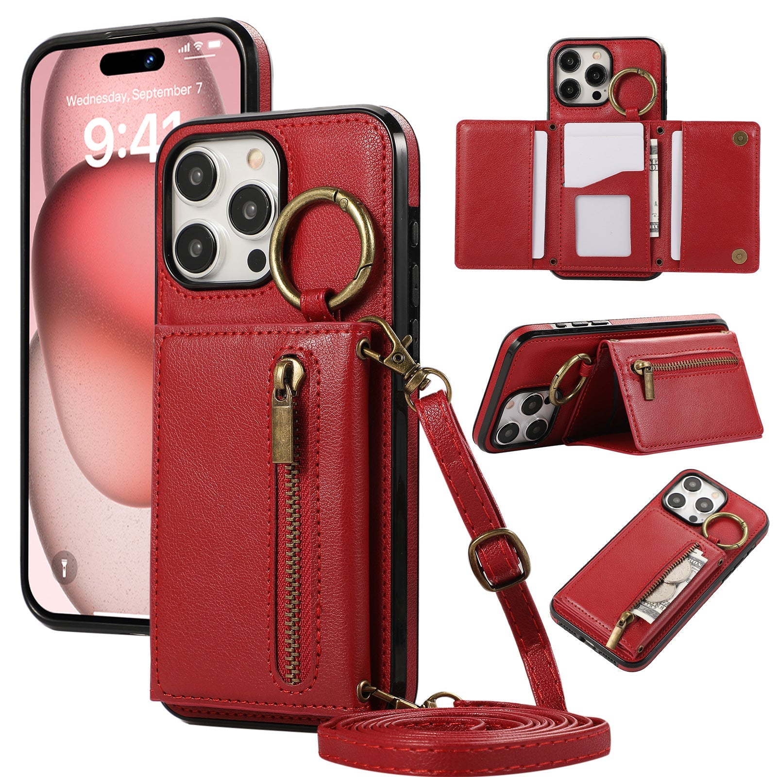 HKM-999891 Iphone 16 Crossbody Tri-fold Mobile Phone Case with Card Holder and Zipper Closure