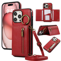 HKM-999891 Iphone 16 Crossbody Tri-fold Mobile Phone Case with Card Holder and Zipper Closure