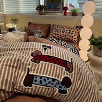 HKM-999955 Coffee Striped Cotton Four-Piece Bedding Set with Embroidered Designs and Fitted Options