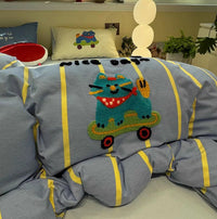 HKM-999955 Coffee Striped Cotton Four-Piece Bedding Set with Embroidered Designs and Fitted Options