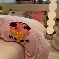 HKM-999955 Coffee Striped Cotton Four-Piece Bedding Set with Embroidered Designs and Fitted Options