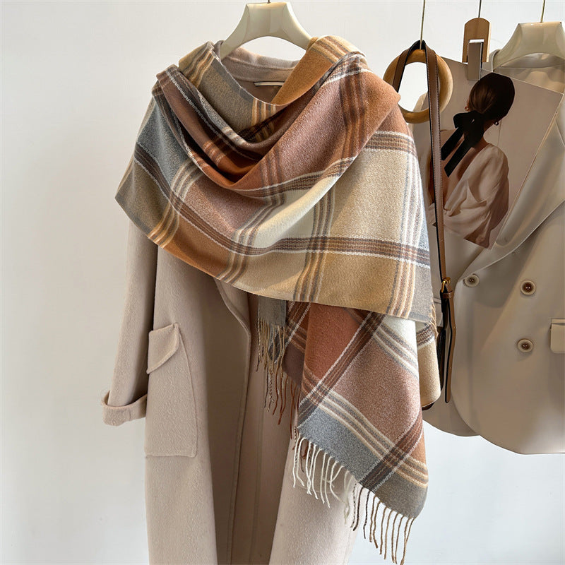 Faux Cashmere Plaid Scarf Women British Style Brown Coffee Checkered Warm Neck Warf Couple Winter Accessory So