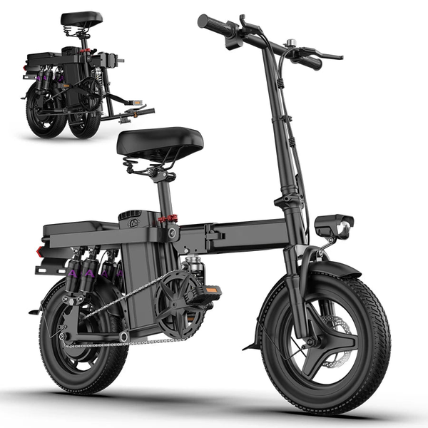 HKM-2637267 Portable Folding E-Bike - 250W Motor 48V 15Ah Battery 37 Mile Range 14-Inch Tires Front and Rear Disc Brakes